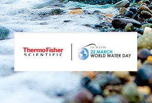 Image of water on a rocky beach with an overlay of the logos of UN World Water Day and Thermo Scientific side by side.