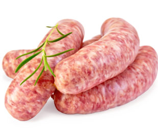 Raw pork sausages with a sprig of rosemary, isolated on a white background